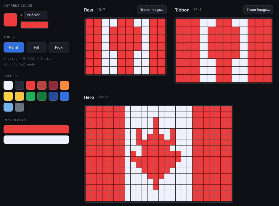 Pixel art editor with color picker and 3 different sizes of Canadian-style flags